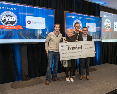 L to R: 2018 Realogy FWD Innovation Summit hosts Eric Chesin, Senior Vice President, Head of Strategy, and Sherry Chris, President & CEO, Better Homes and Gardens® Real Estate LLC with competition winners Homebot: Ernie Graham, co-founder and CEO, and Michael Lynch, COO/CPO. homebot
