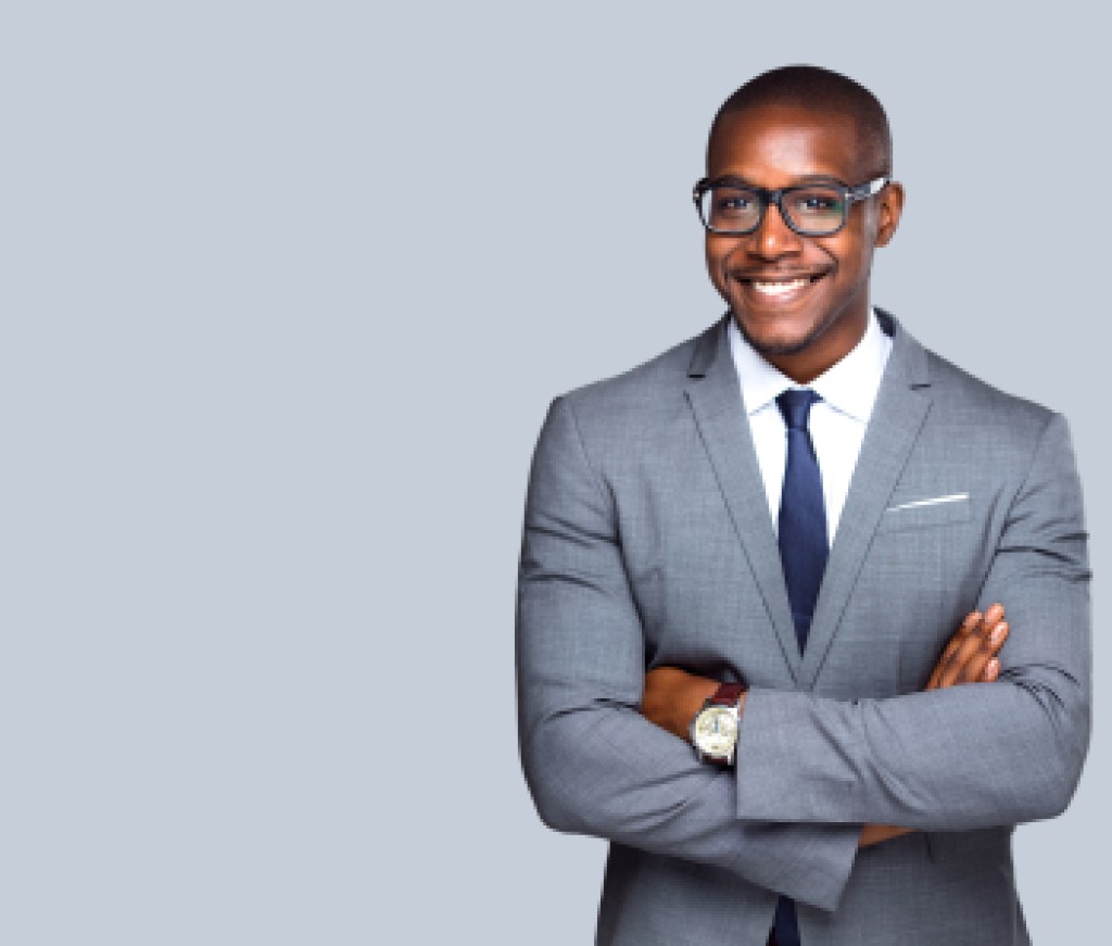 Friendly isolated portrait of african american business man, sales, representative