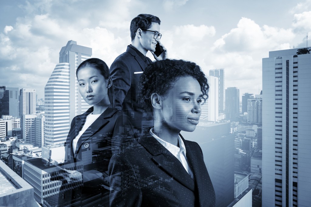 Group of three business colleagues in suits dreaming about new career opportunities after MBA graduation. Concept of multinational corporate team. Bangkok on background. Double exposure.