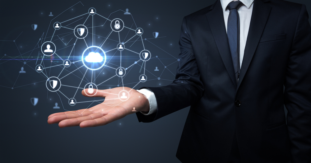 Businessman-holding-networking-connection-concept-with-dark-wallpaper