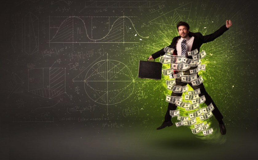 Cheerful-businesman-jumping-with-dollar-banknotes-around-him-on-background