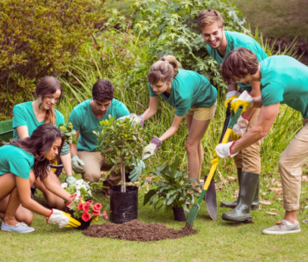 Happy-friends-gardening-for-the-community-on-a-sunny-day
