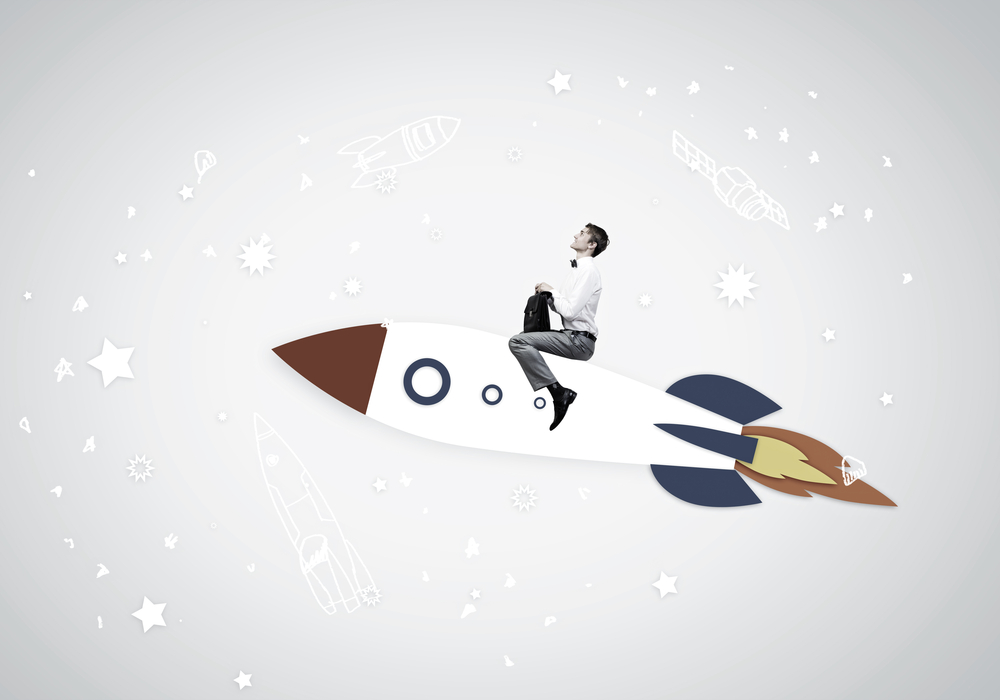 Young-businessman-flying-in-sky-on-drawn-rocket