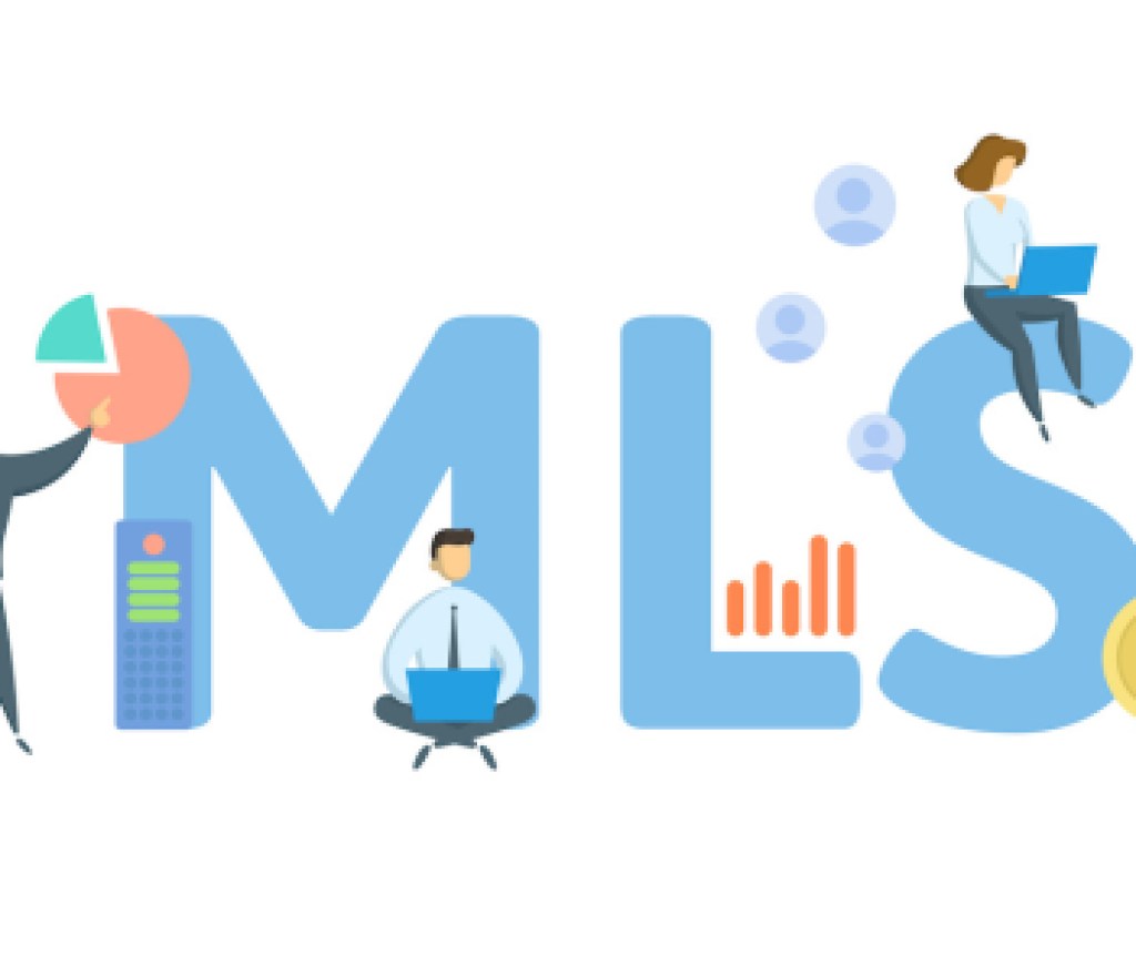 MLS, Multiple Listing Service. Concept with keywords, people and icons. Flat vector illustration. Isolated on white.