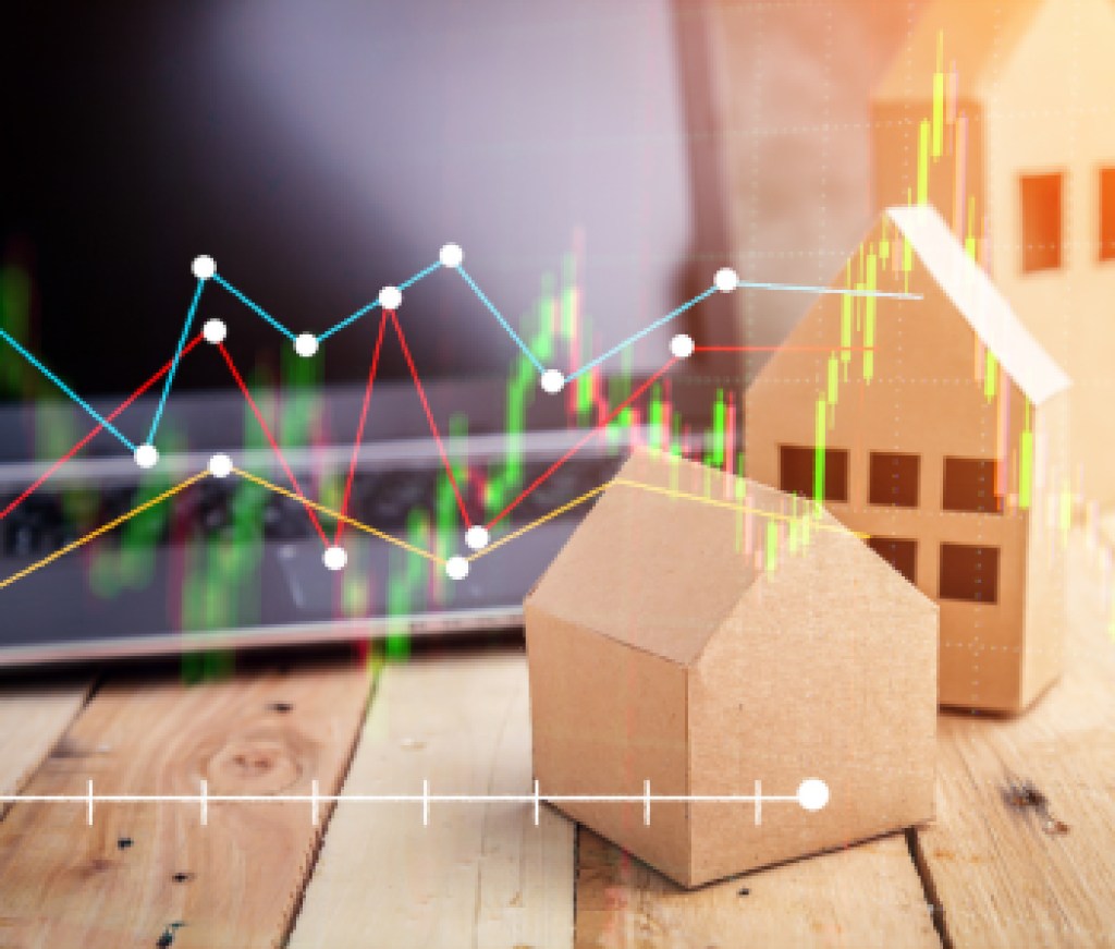 Real estate on the top of wooden floor. house, building, home, Flat design for business financial marketing banking real estate property in minimal concept