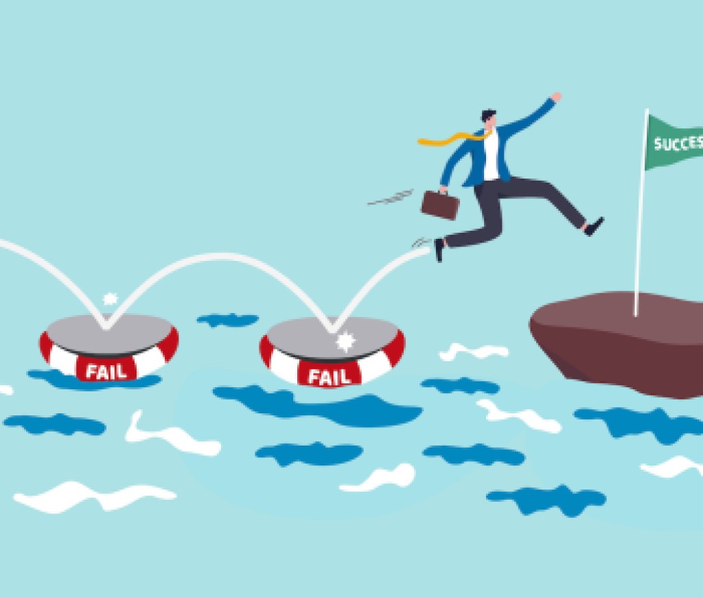 Fail to success, using failure to be lesson learn and creativity to achieve business success concept, smart business jumping on many time of failures floating on water and finally reach success flag.