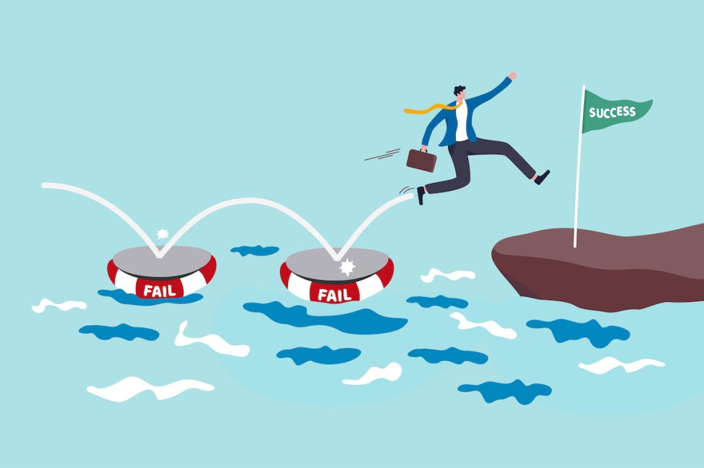 Fail to success, using failure to be lesson learn and creativity to achieve business success concept, smart business jumping on many time of failures floating on water and finally reach success flag.