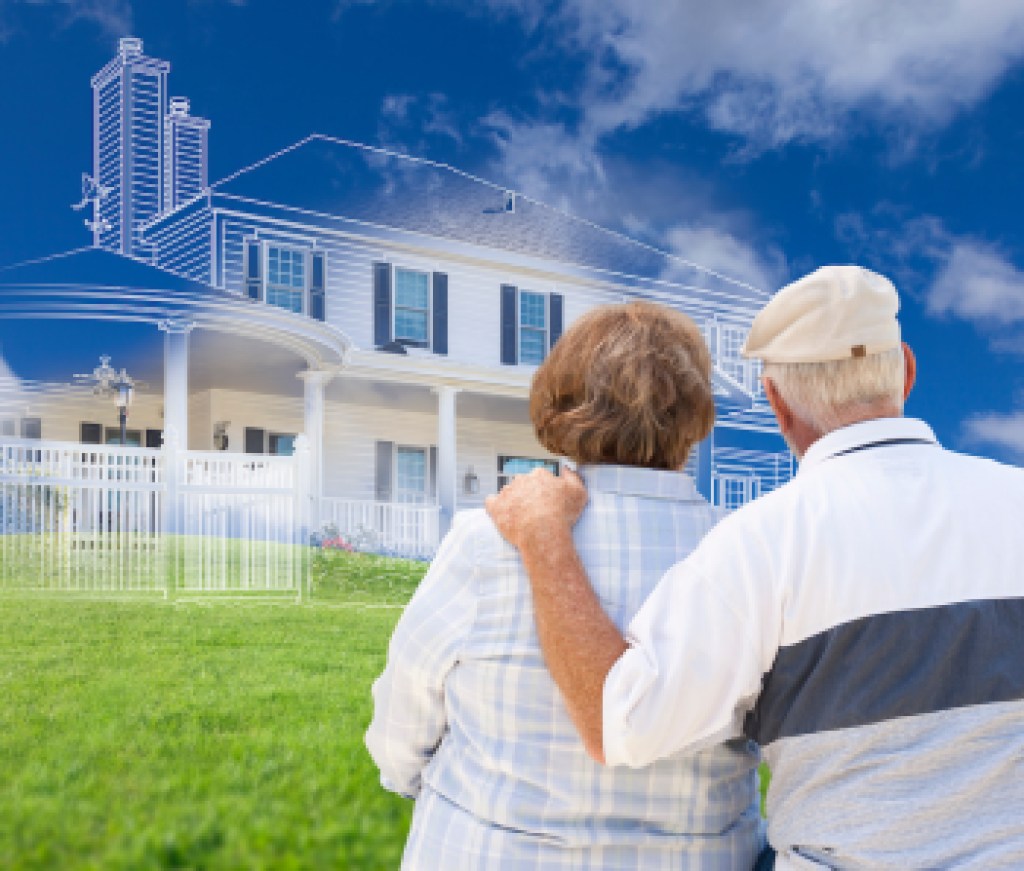 Senior Couple Faces Ghosted House Drawing, Partial Photo and Rolling Green Hills Behind.