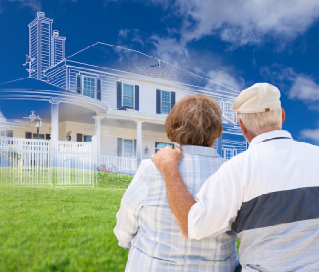 Senior Couple Faces Ghosted House Drawing, Partial Photo and Rolling Green Hills Behind.