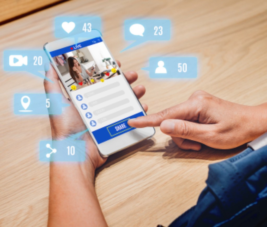 woman share view of beauty blogger review online with mobile apps on wood table at home,online influencer technology in daily lifestyle,Digital age concept.