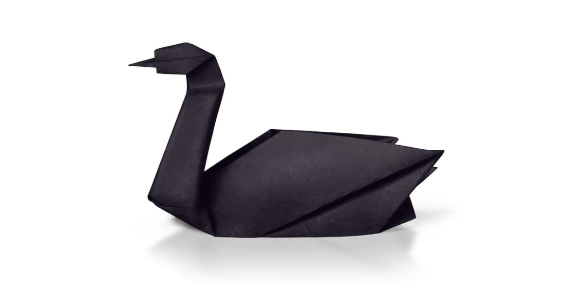 Origami paper rare black swan on a white